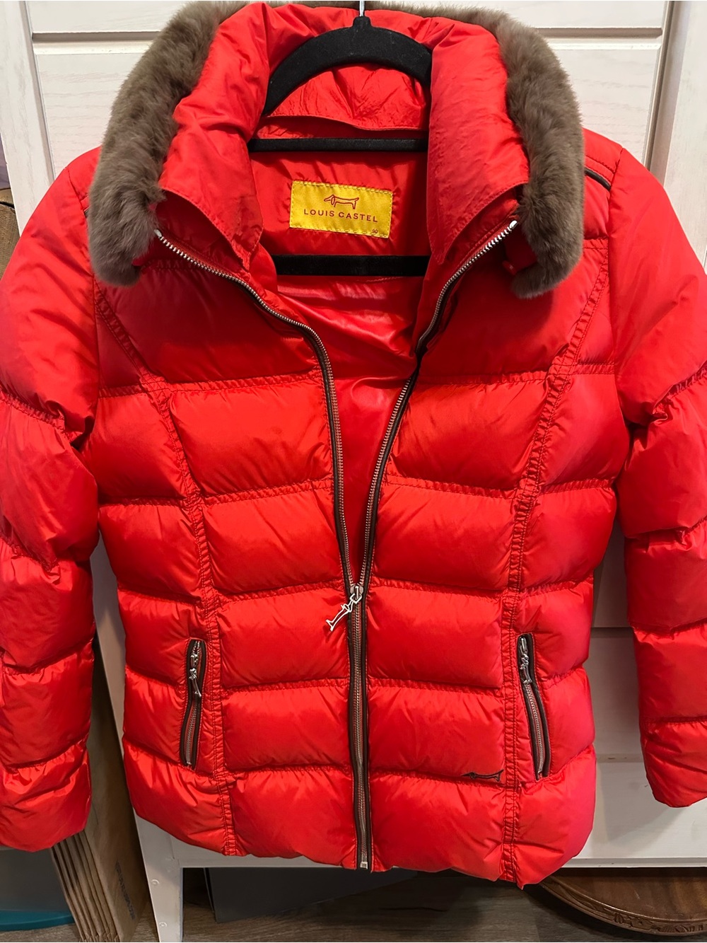 Louis Castel Women's Red Puffer Jacket with Faux Fur Trim